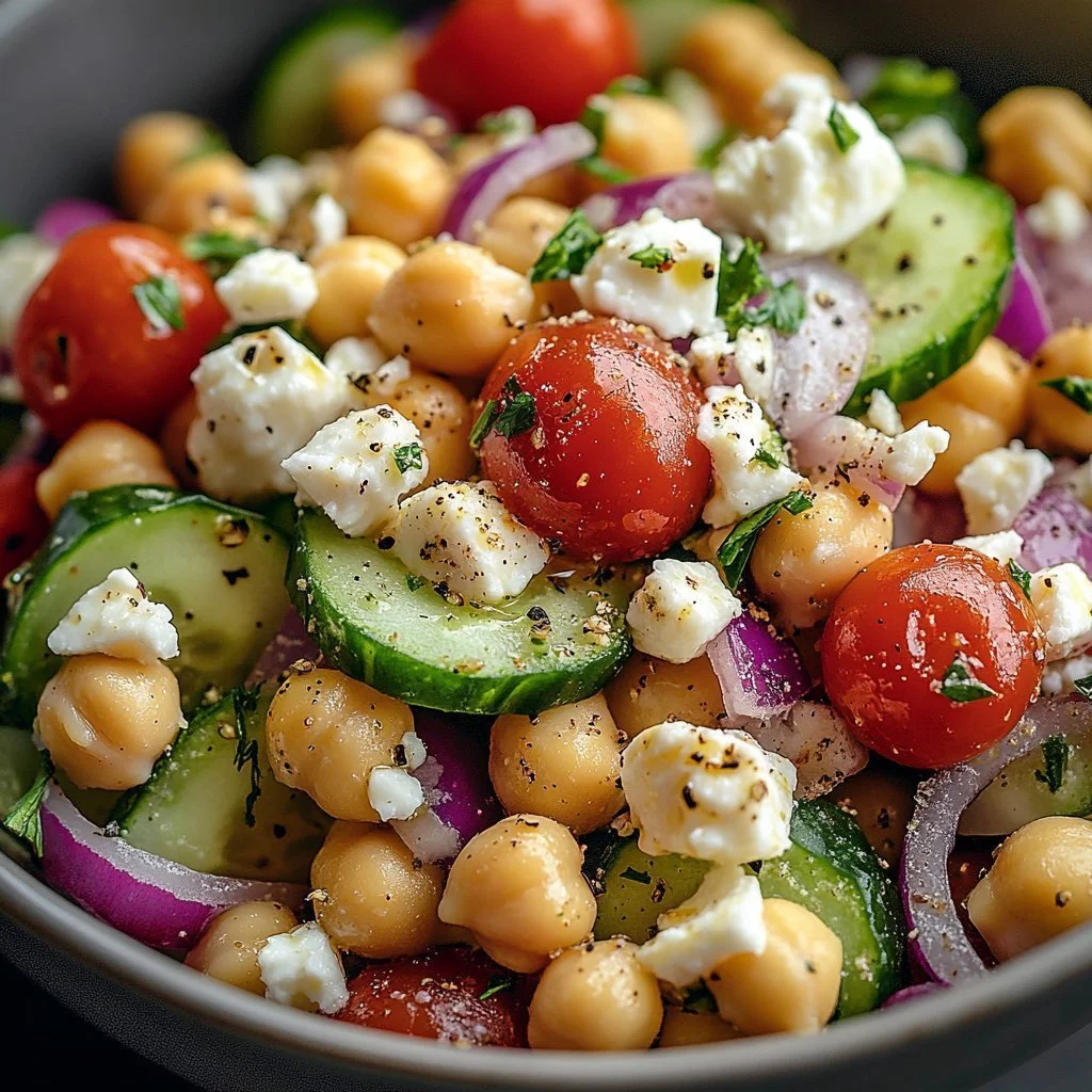 Cottage Cheese and Chickpeas Salad in a bowl garnished with fresh vegetables
