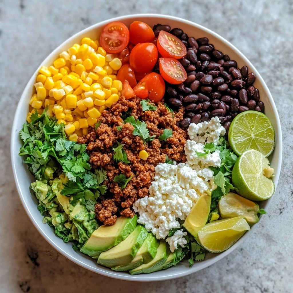 A colorful Cottage Cheese Taco Bowl topped with fresh vegetables and spices.