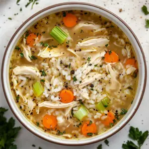 Bowl of cozy chicken rice soup with fresh herbs and vegetables
