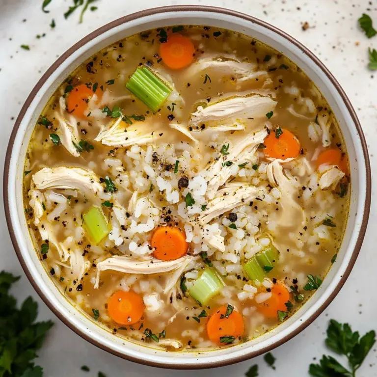 Bowl of cozy chicken rice soup with fresh herbs and vegetables