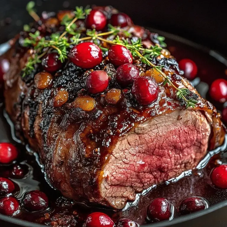 Cranberry Balsamic Glazed Roast Beef served on a platter with herbs
