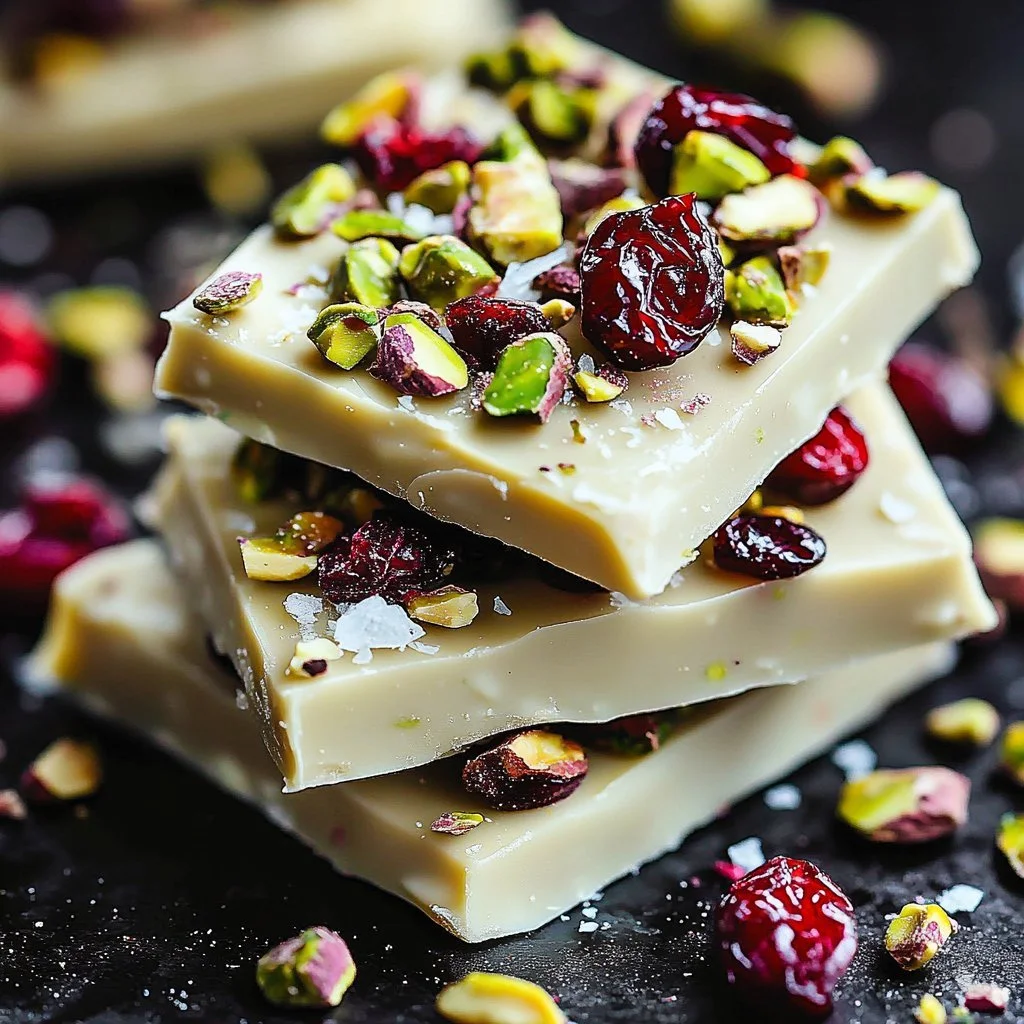 Cranberry Pistachio Snow Bark featuring cranberries and pistachios on white chocolate