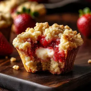 Delicious cream cheese strawberry muffins fresh out of the oven.