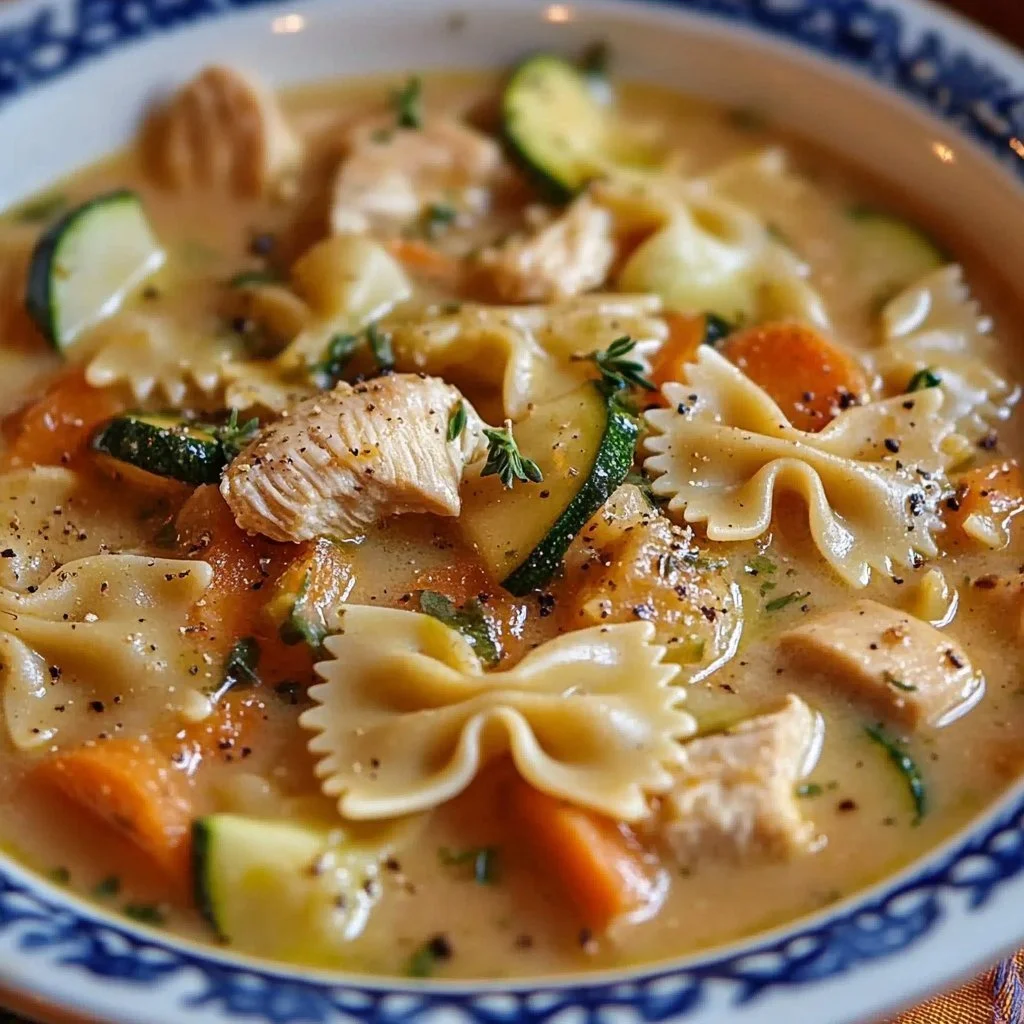 Creamy chicken pasta soup served in a bowl, garnished with herbs.