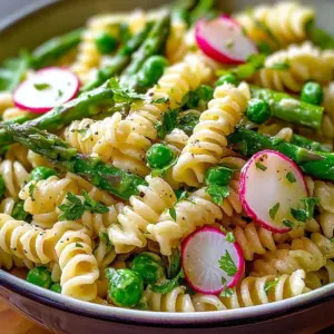 Creamy asparagus pasta salad in a bowl garnished with herbs and vegetables