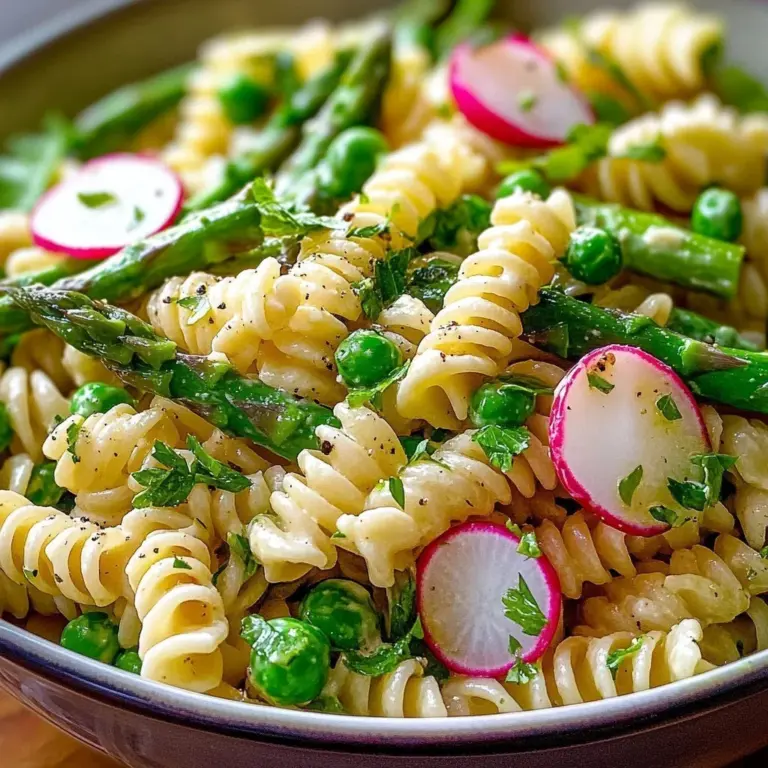 Creamy asparagus pasta salad in a bowl garnished with herbs and vegetables