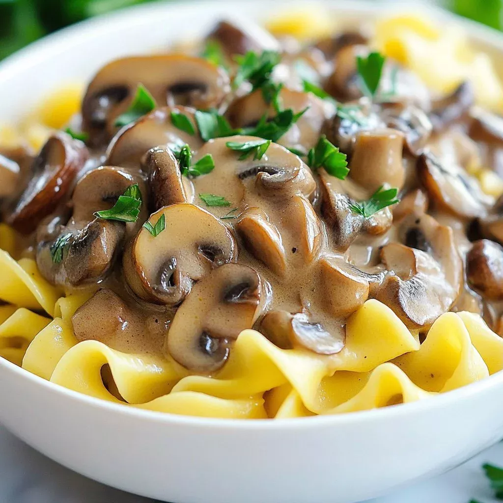 Creamy Beef and Mushroom Stroganoff served in a bowl with fresh herbs