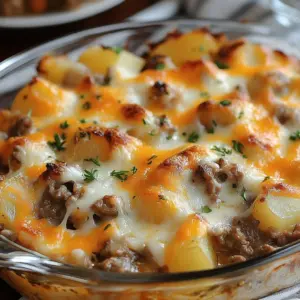 Creamy beef and potato bake served in a dish, showcasing melt-in-your-mouth ingredients.