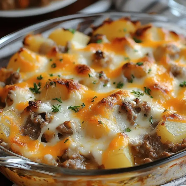 Creamy beef and potato bake served in a dish, showcasing melt-in-your-mouth ingredients.