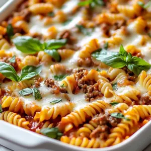 Creamy beef rotini casserole served in a baking dish with cheese crust.
