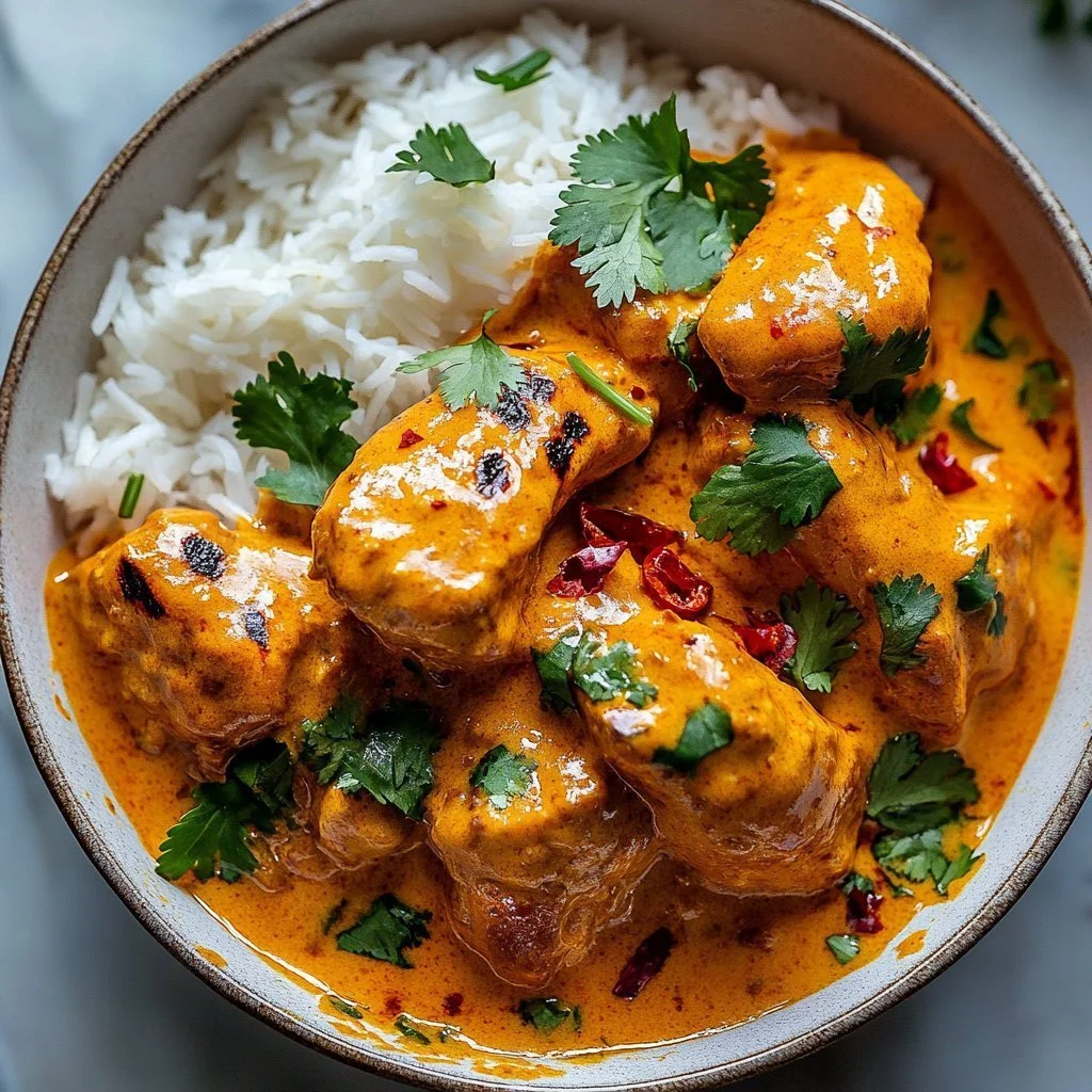 Creamy butternut squash chicken dish topped with fresh herbs.