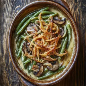 Creamy Campbell's Green Bean Bake served on a plate with crispy topping.