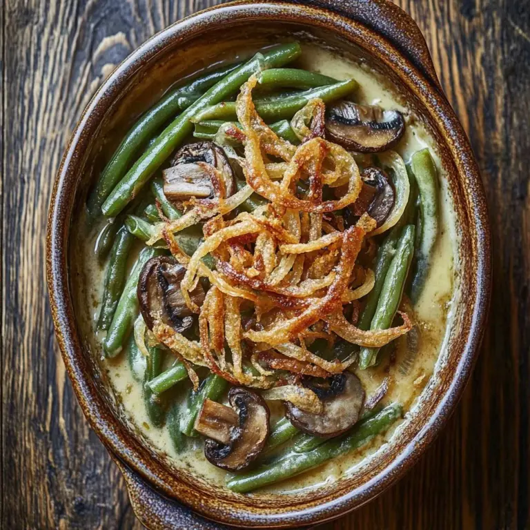 Creamy Campbell's Green Bean Bake served on a plate with crispy topping.