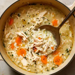 Creamy chicken and rice bowl topped with herbs and vegetables