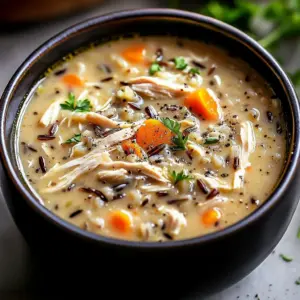 Creamy chicken soup with wild rice served in a bowl