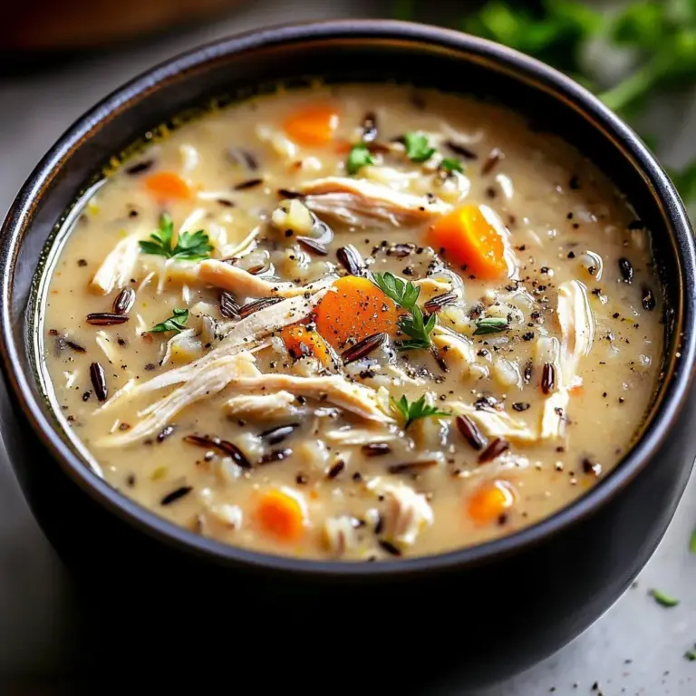 Creamy chicken soup with wild rice served in a bowl
