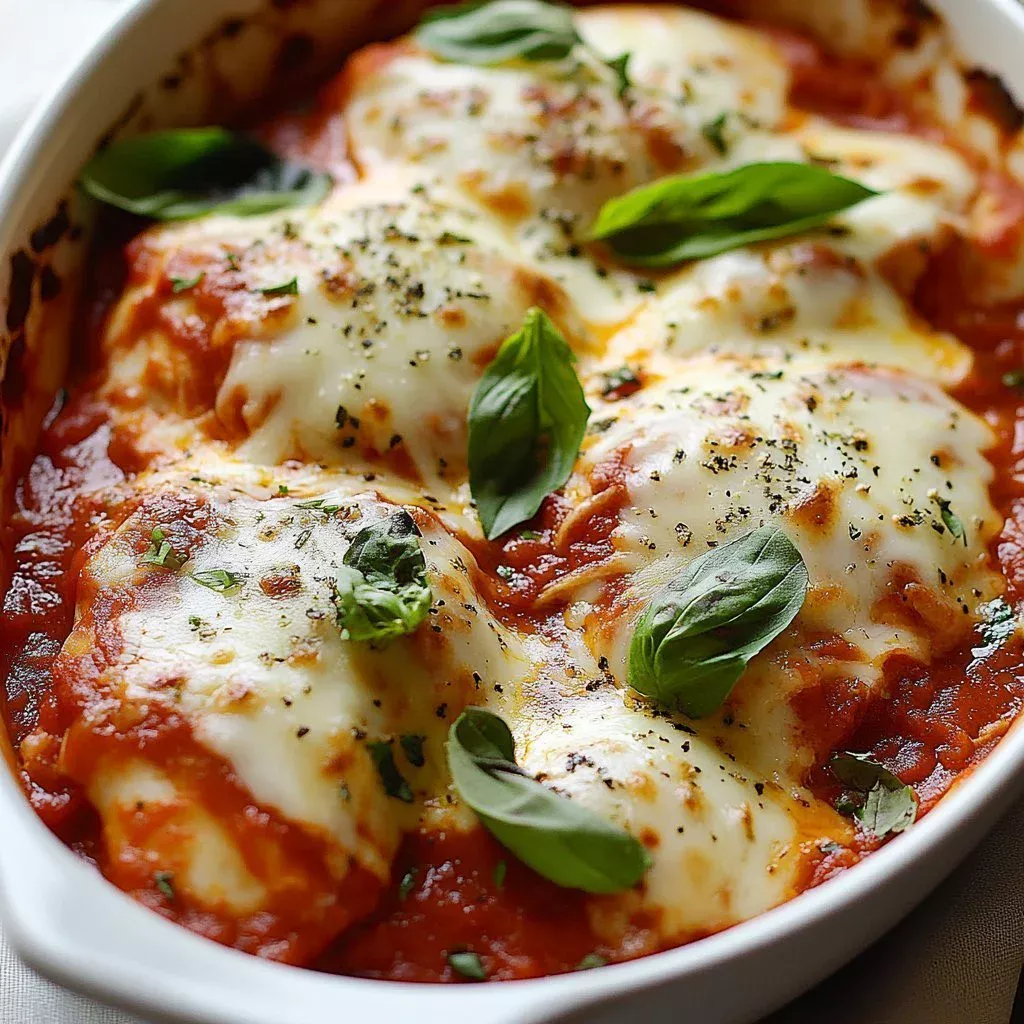 Creamy Chicken Mozzarella Bake dish with melted cheese and garnished herbs