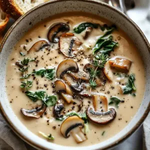 Creamy Chicken Mushroom Spinach Soup in a bowl with fresh ingredients