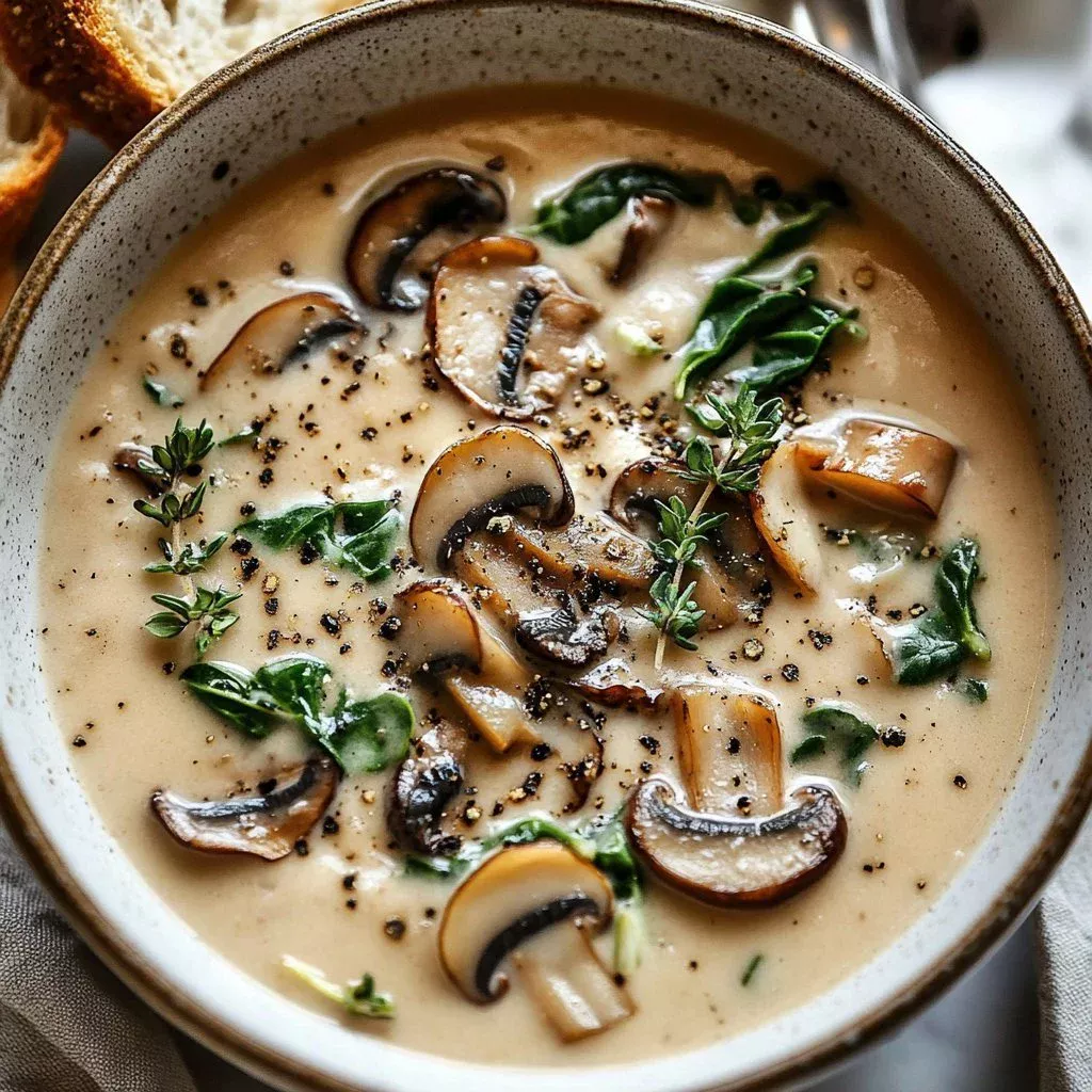 Creamy Chicken Mushroom Spinach Soup in a bowl with fresh ingredients