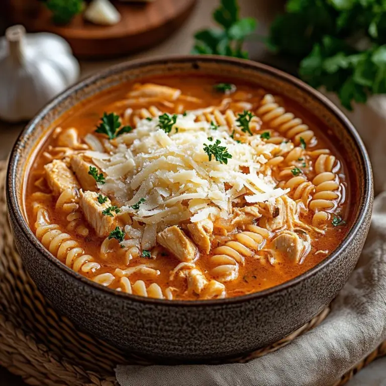 A bowl of creamy Chicken Parmesan Soup garnished with parsley and parmesan cheese.