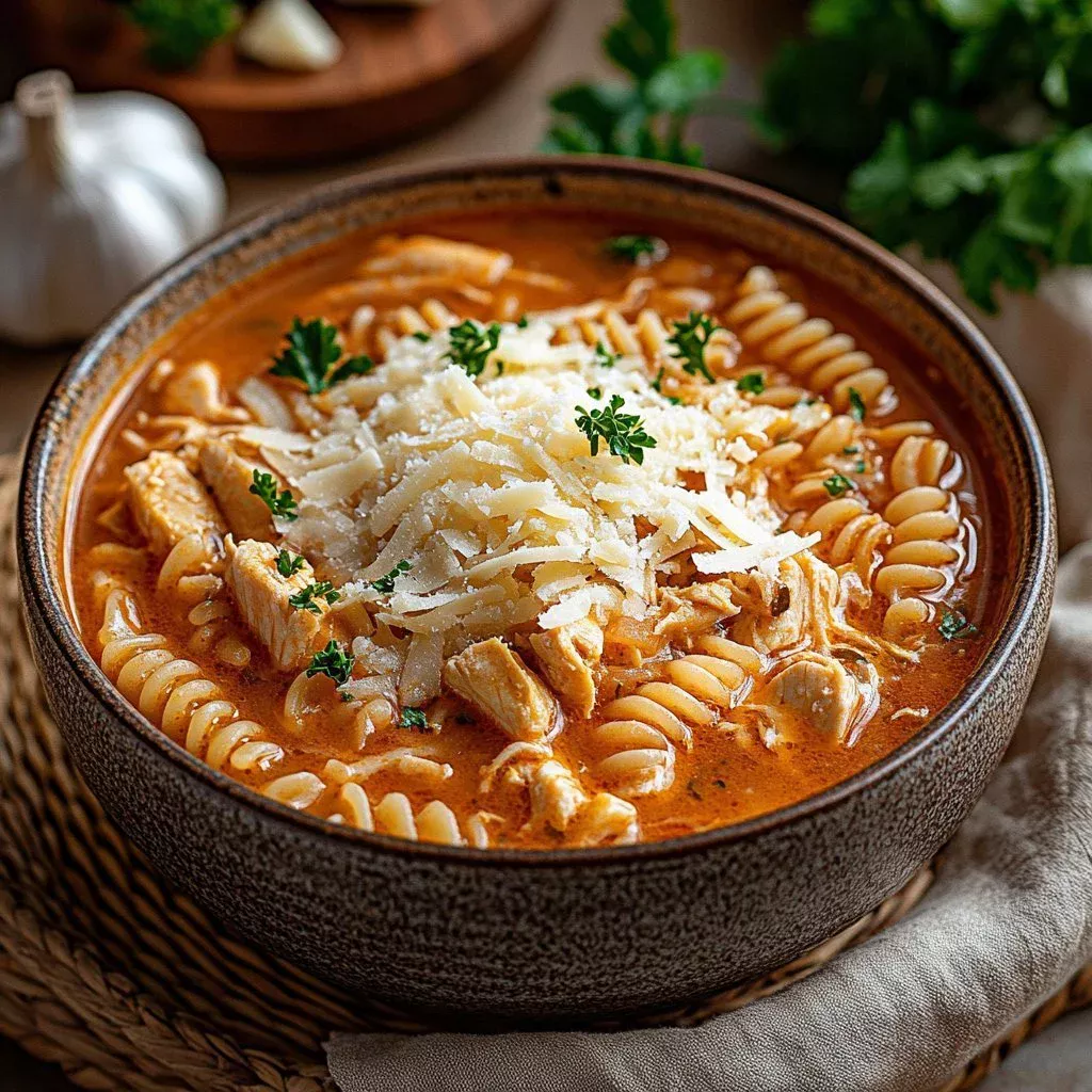 A bowl of creamy Chicken Parmesan Soup garnished with parsley and parmesan cheese.