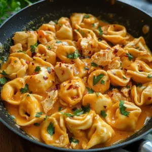 Plate of creamy chicken tortellini with sun-dried tomatoes