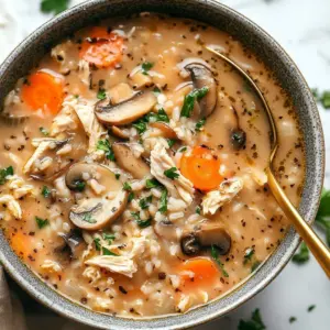 Creamy chicken wild rice soup in a bowl, garnished with herbs.