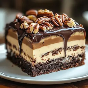 Creamy Chocolate Pecan Cheesecake topped with pecans and chocolate drizzle