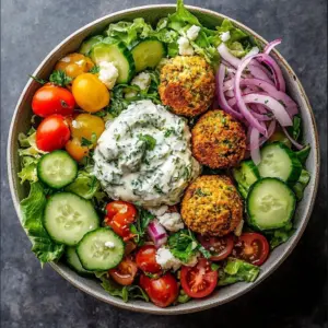 Creamy Cottage Cheese Falafel Bowl with vegetables and sauce