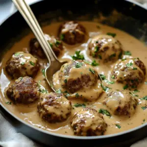Delicious creamy crockpot Swedish meatballs served with sauce over a bed of noodles.