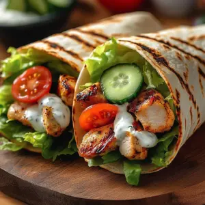 Creamy Feta Tzatziki Chicken Gyros served on a plate with fresh vegetables