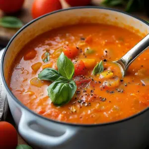 Bowl of creamy fire roasted tomato soup topped with fresh basil and croutons