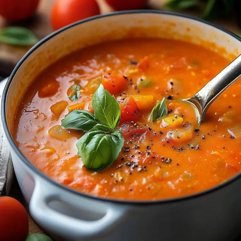 Bowl of creamy fire roasted tomato soup topped with fresh basil and croutons