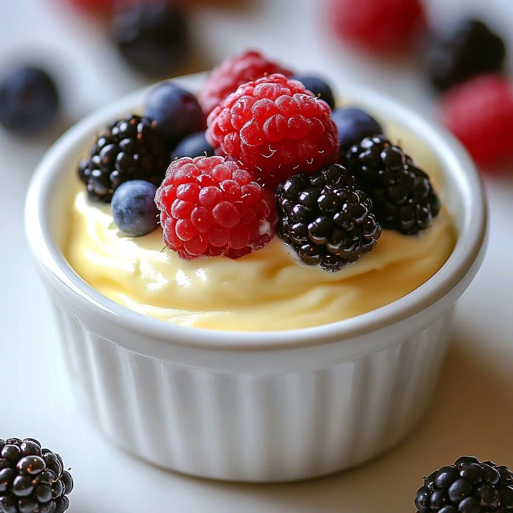 Creamy fruit custard dessert with assorted fresh fruits
