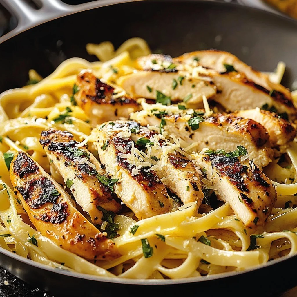 Creamy garlic parmesan chicken pasta with fresh herbs and cheese
