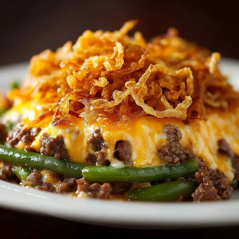 Creamy hamburger green bean casserole served in a baking dish with green beans and beef.