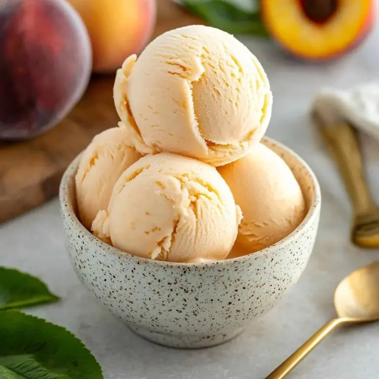 Creamy homemade peach ice cream with fresh peach slices on top