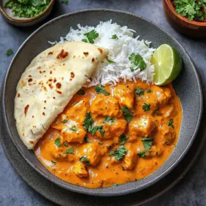 Bowl of creamy Indian chicken curry garnished with herbs and served with rice.