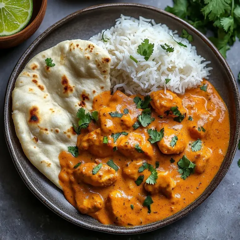 Creamy Indian chicken curry dish served on a plate with rice