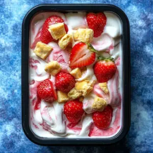 Creamy no-churn strawberry cheesecake topped with fresh strawberries.