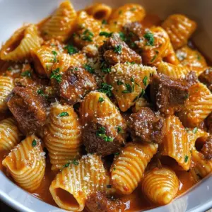 Creamy paprika steak shells served on a plate, garnished with herbs.