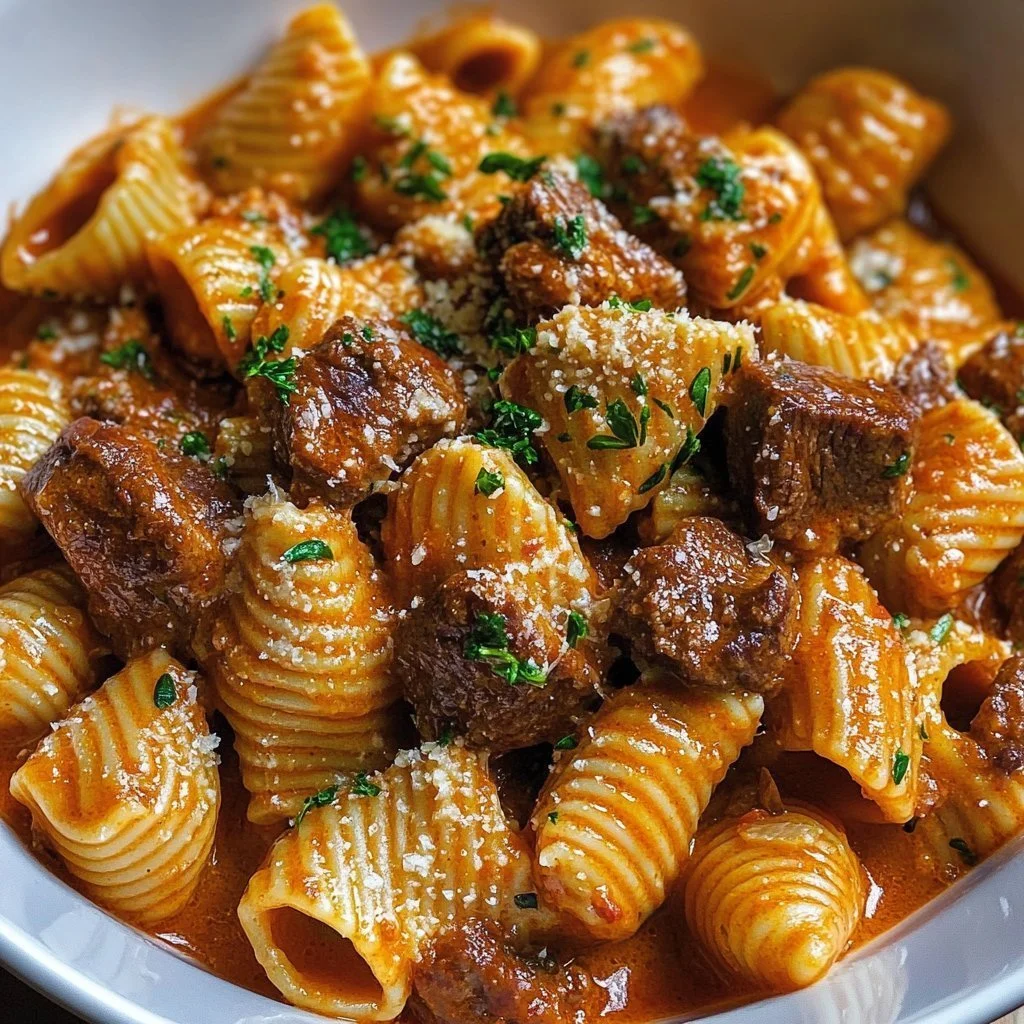 Creamy paprika steak shells served on a plate, garnished with herbs.