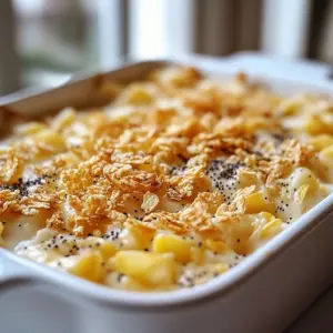 Creamy Poppy Seed Chicken Casserole topped with crunchy poppy seeds