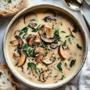 Creamy spinach mushroom rotisserie chicken soup served in a bowl