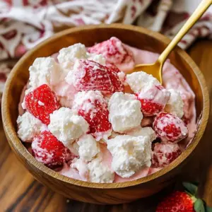 Creamy strawberry shortcake fluff salad served in a bowl with fresh strawberries