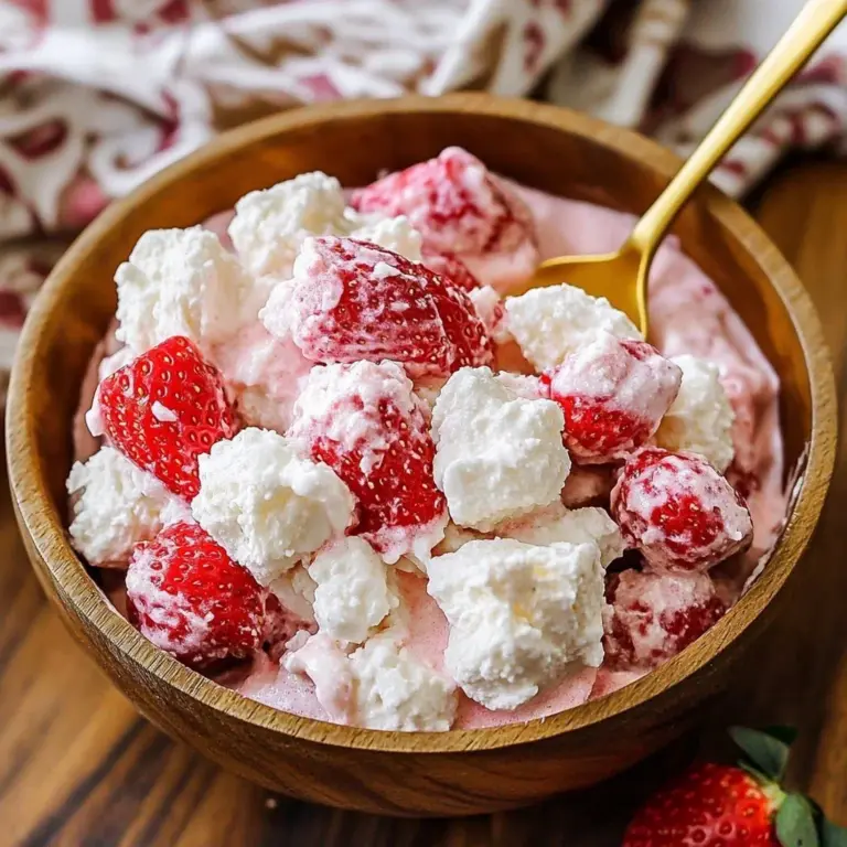 Creamy strawberry shortcake fluff salad served in a bowl with fresh strawberries