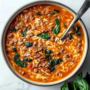 Creamy tomato beef orzo dish served in a bowl with fresh herbs