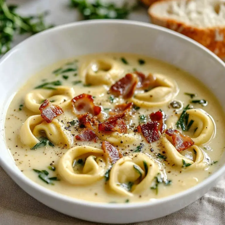 Creamy Tuscan ravioli bisque served in a bowl with herbs and garnishes
