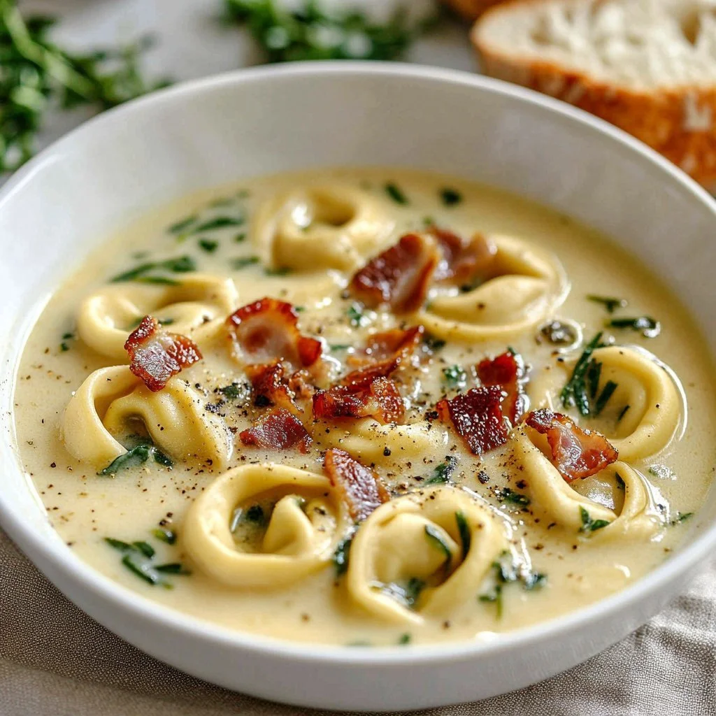 Creamy Tuscan ravioli bisque served in a bowl with herbs and garnishes