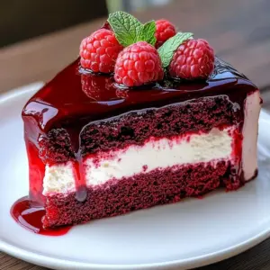 Slice of delicious Crimson Velvet Cheesecake with cream cheese frosting